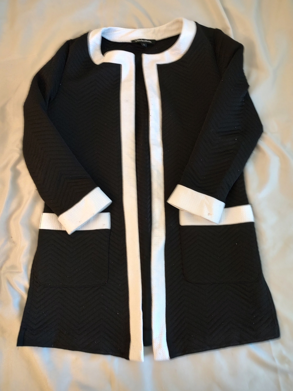 Black & White Trim Open-Front Longline Blazer
